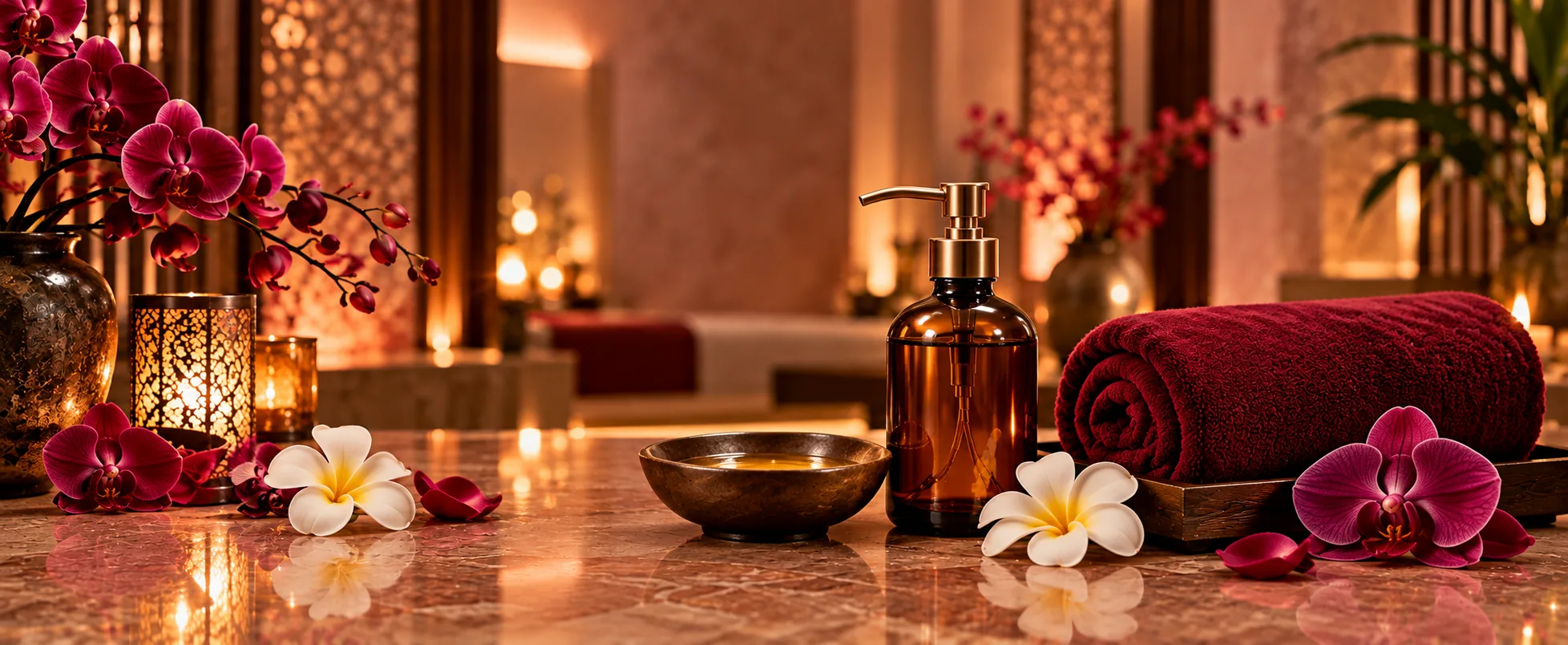 Aroma oils and folded towels prepared for massage
