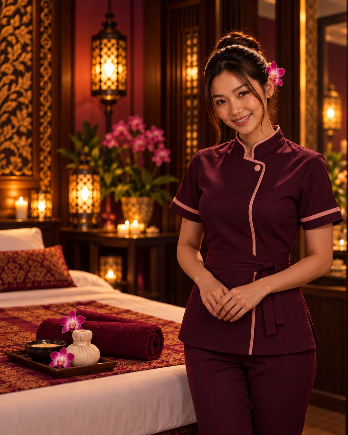 Thai massage therapist in a warmly lit treatment room