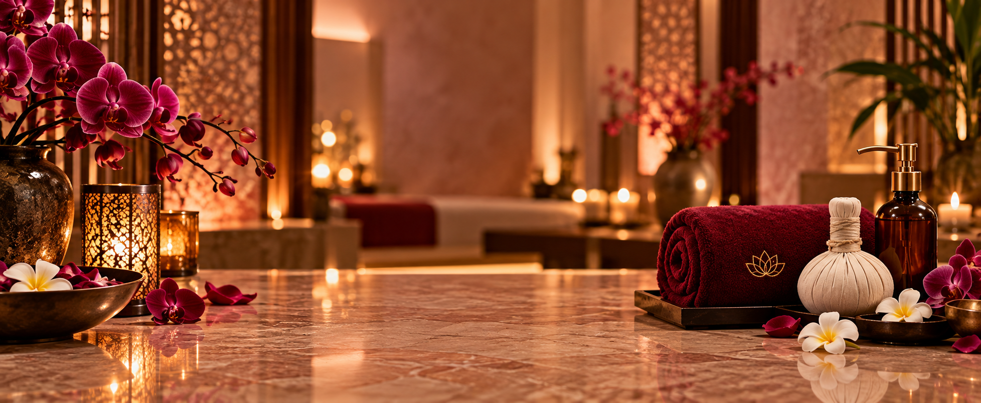 A herbal compress, rose orchids and a folded towel in a warmly lit spa