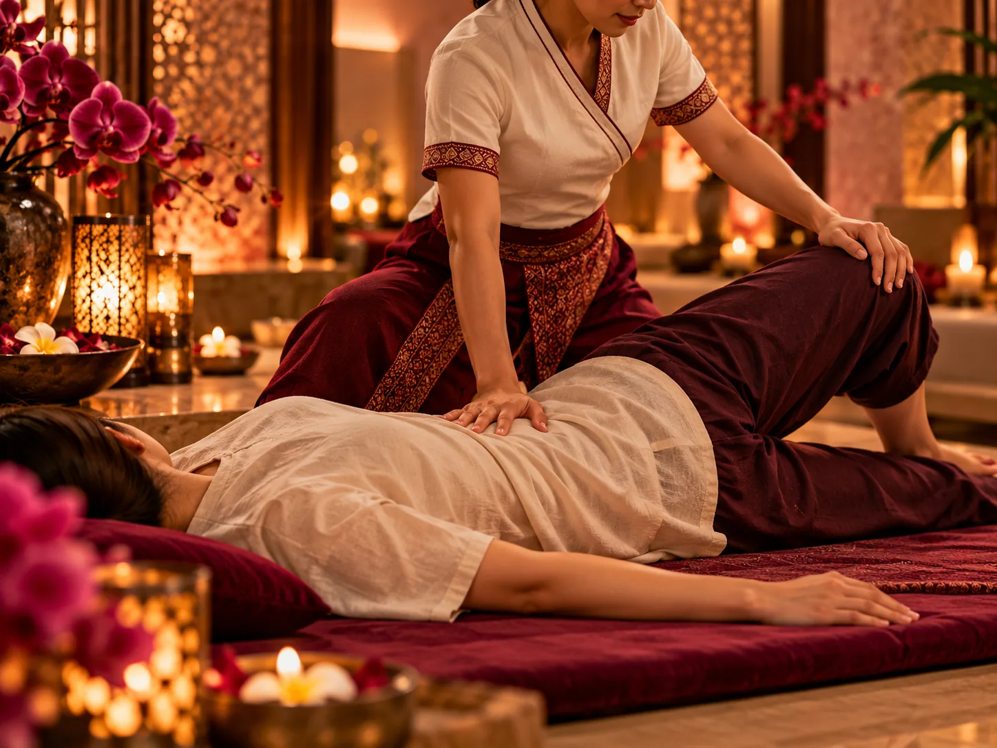 A traditional Thai massage session in a warm spa